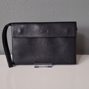Vintage Black Lancel Paris Saffiano Leather Wristlet Portfolio Clutch